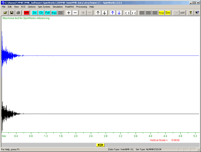 SpinWorks main screen showing the FID traces in blue and black.